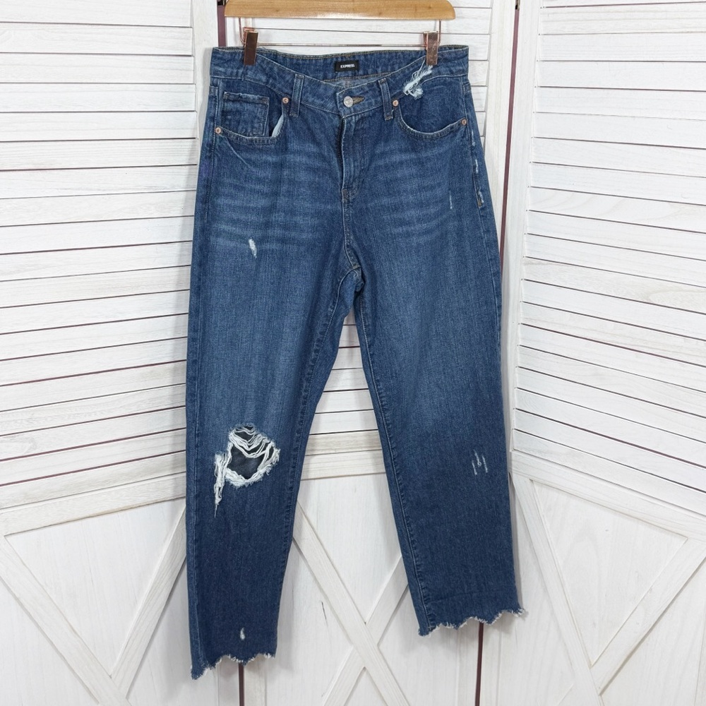 Express Tuliped Zig Zag Raw Hem‎ Mid Rise Crop Boyfriend Jeans Blue Size 8